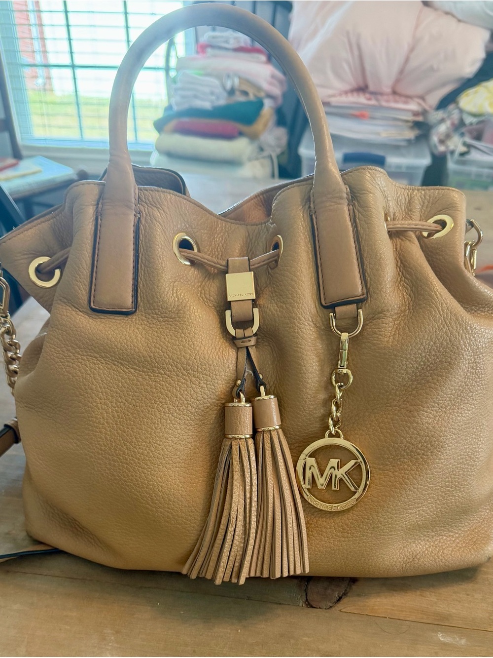 Michael Kors Tan Pebbled Leather Tassel Drawstring Shoulder Bag